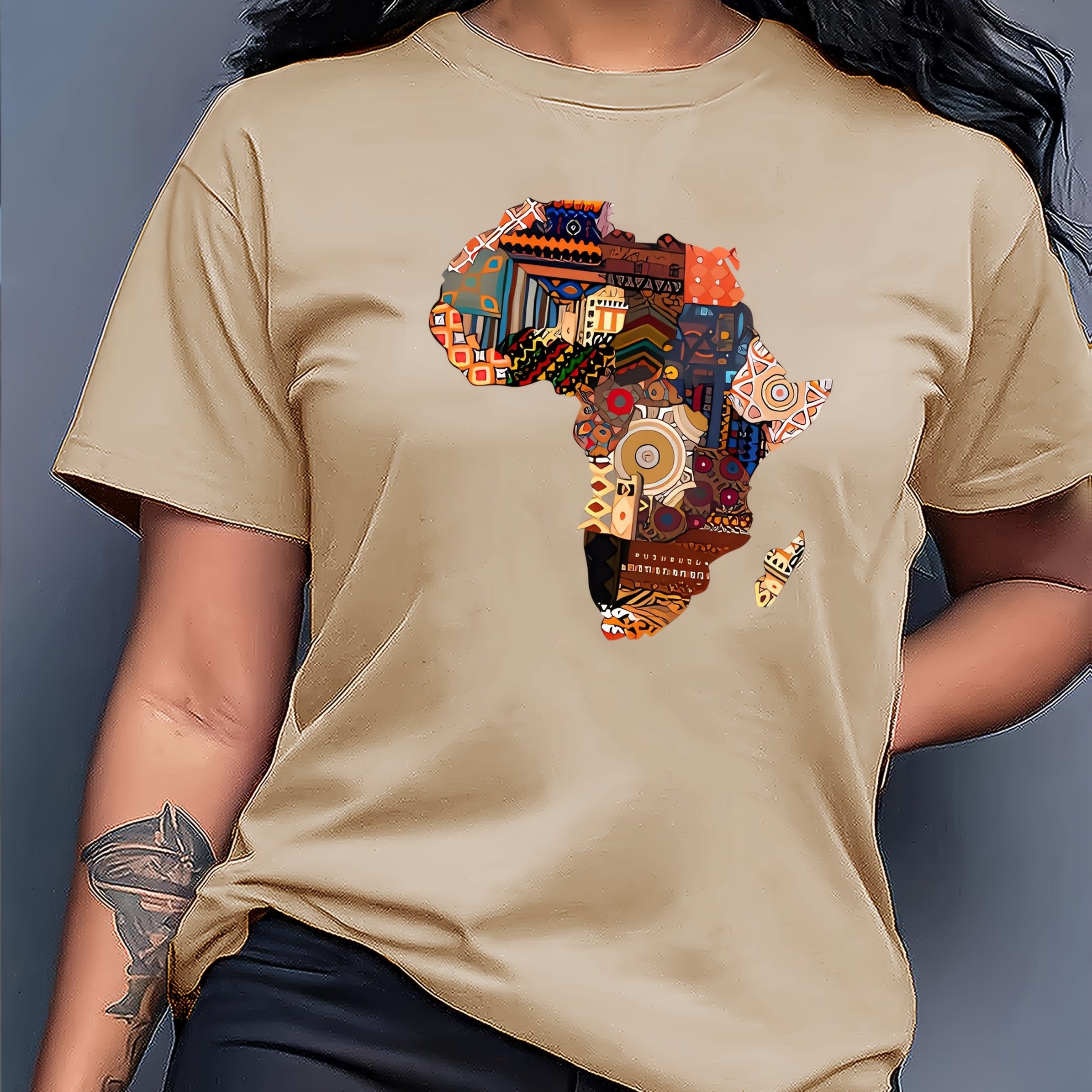 Women's African-Inspired Patchwork Print Casual Short Sleeve T-Shirt - Vibrant Red Round Neck Top with Cultural Motifs, Medium Stretch & Machine Washable for Spring/Summer, Casual Attire, Comfortable Fabric